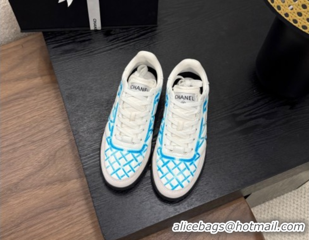 Luxury Chanel Quilted Calfskin Leather Sneakers White/Blue 2025 G458390901