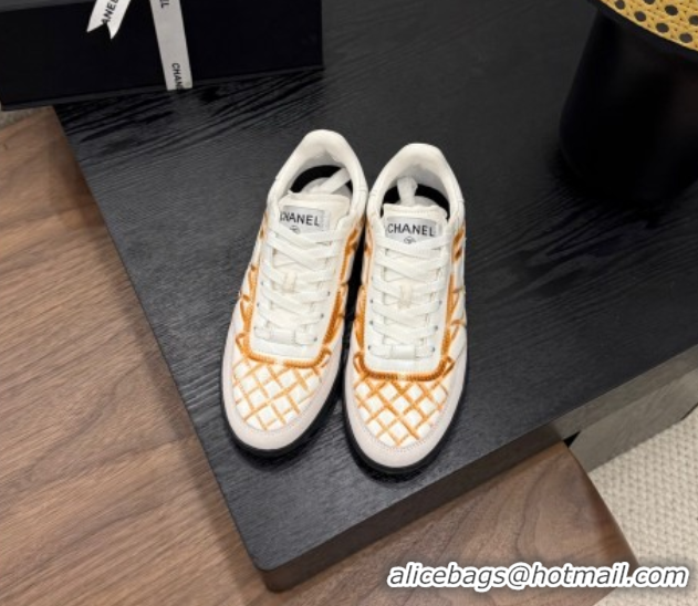 Discount Chanel Quilted Calfskin Leather Sneakers White/Orange G4583909