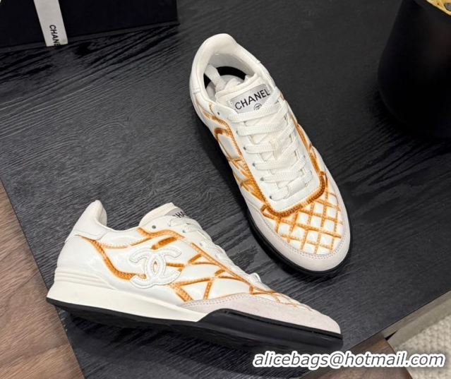 Discount Chanel Quilted Calfskin Leather Sneakers White/Orange G4583909