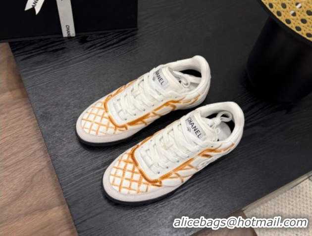 Discount Chanel Quilted Calfskin Leather Sneakers White/Orange G4583909