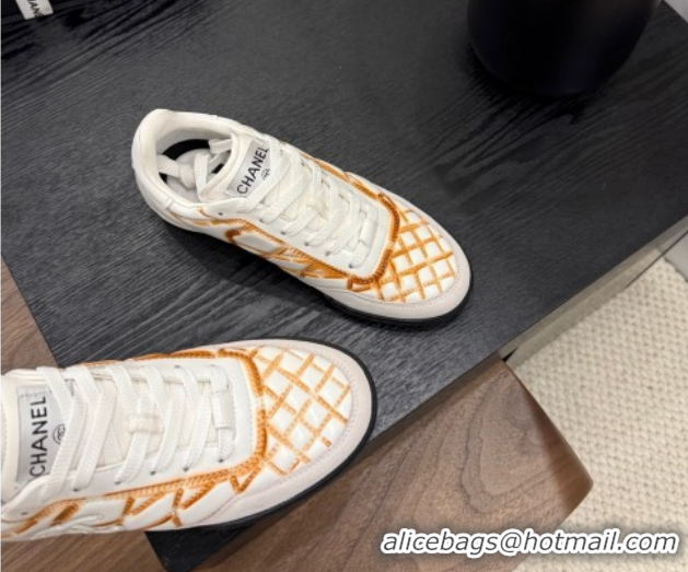 Discount Chanel Quilted Calfskin Leather Sneakers White/Orange G4583909