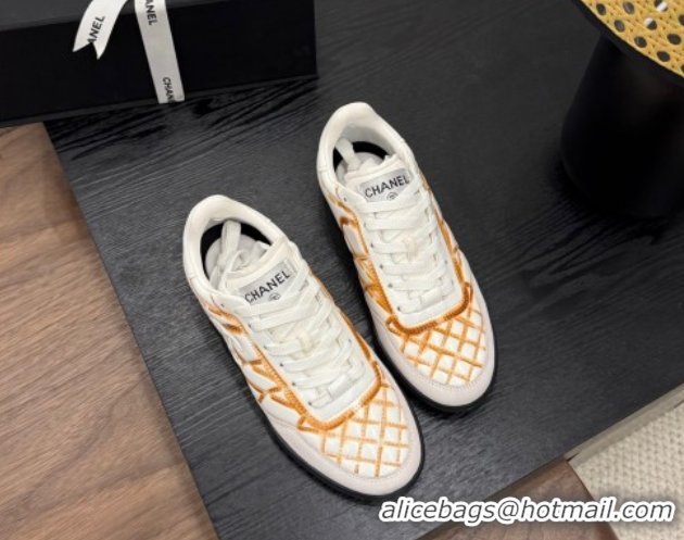 Discount Chanel Quilted Calfskin Leather Sneakers White/Orange G4583909