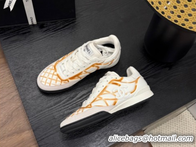 Discount Chanel Quilted Calfskin Leather Sneakers White/Orange G4583909