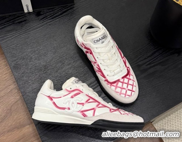 Classic Hot Chanel Quilted Calfskin Leather Sneakers White/Fuchsia G4583909