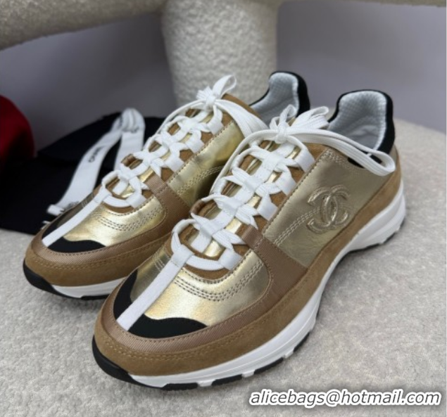 Best Price Chanel Laminated Calfskin & Suede Sneakers Gold-Tone 2025 G46609 0901046