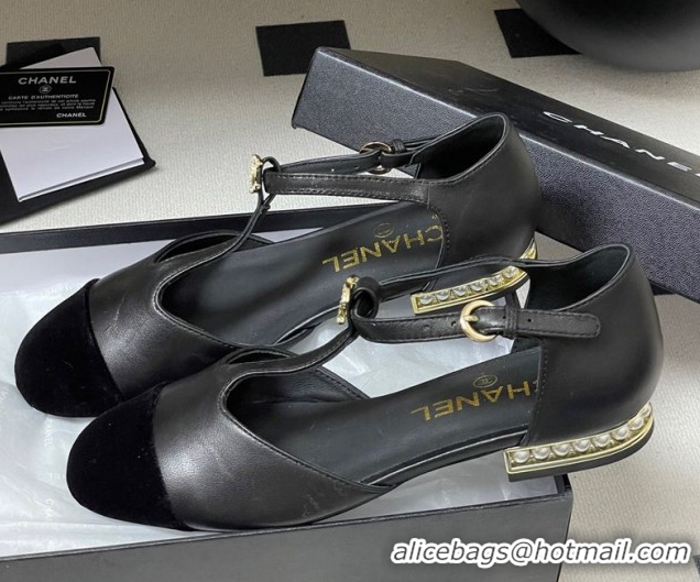 Most Popular Chanel Lambskin & Velvet T Mary Janes Flat Shoes with Pearls Black 2025 CH090104 0901051