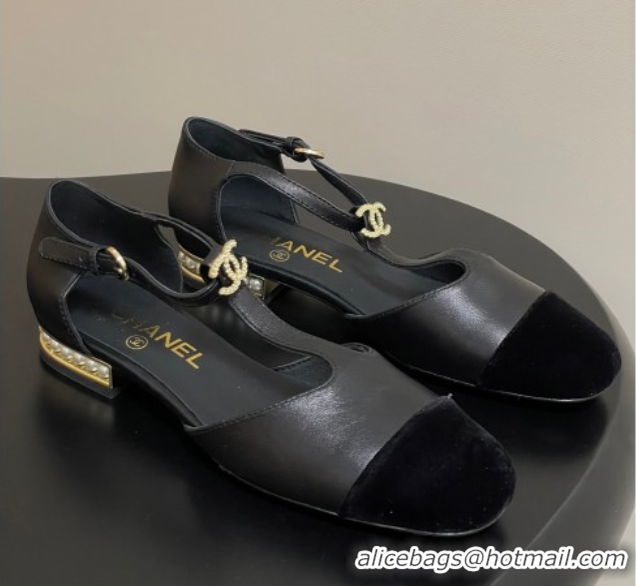 Most Popular Chanel Lambskin & Velvet T Mary Janes Flat Shoes with Pearls Black 2025 CH090104 0901051