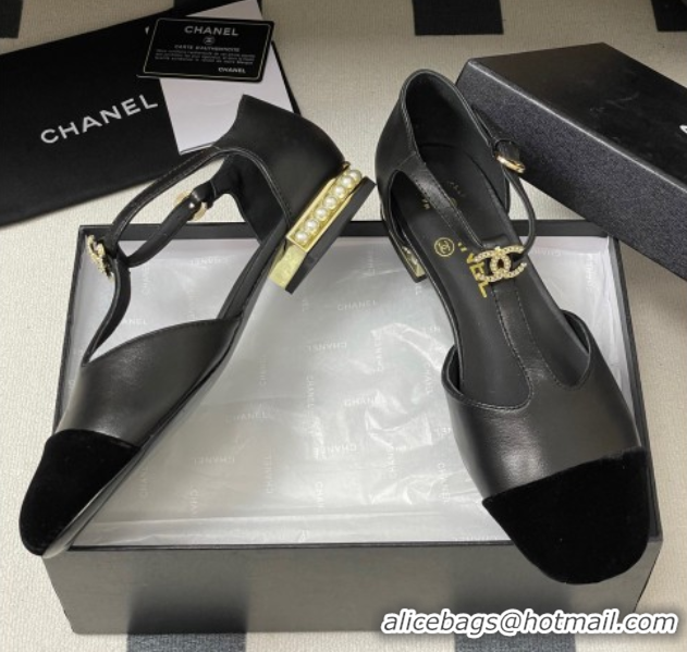 Most Popular Chanel Lambskin & Velvet T Mary Janes Flat Shoes with Pearls Black 2025 CH090104 0901051