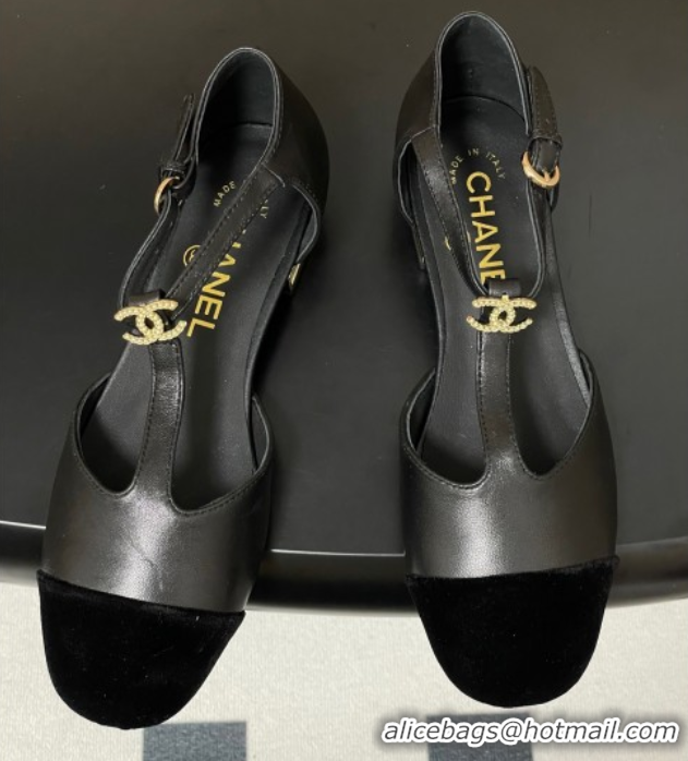 Most Popular Chanel Lambskin & Velvet T Mary Janes Flat Shoes with Pearls Black 2025 CH090104 0901051