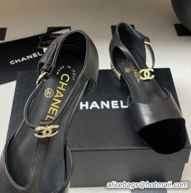 Most Popular Chanel Lambskin & Velvet T Mary Janes Flat Shoes with Pearls Black 2025 CH090104 0901051