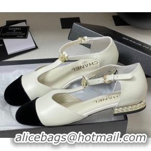 Top Design Chanel Lambskin & Velvet T Mary Janes Flat Shoes with Pearls White 2025 CH090104 0901052