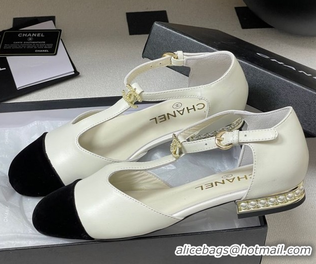 Top Design Chanel Lambskin & Velvet T Mary Janes Flat Shoes with Pearls White 2025 CH090104 0901052
