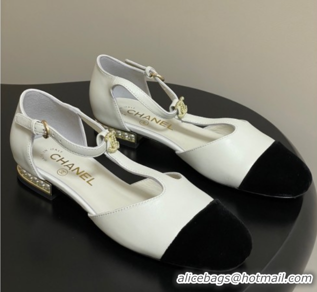 Top Design Chanel Lambskin & Velvet T Mary Janes Flat Shoes with Pearls White 2025 CH090104 0901052