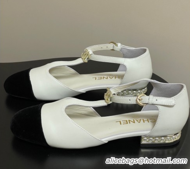 Top Design Chanel Lambskin & Velvet T Mary Janes Flat Shoes with Pearls White 2025 CH090104 0901052