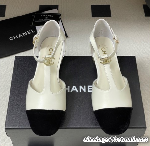 Top Design Chanel Lambskin & Velvet T Mary Janes Flat Shoes with Pearls White 2025 CH090104 0901052
