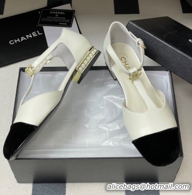 Top Design Chanel Lambskin & Velvet T Mary Janes Flat Shoes with Pearls White 2025 CH090104 0901052