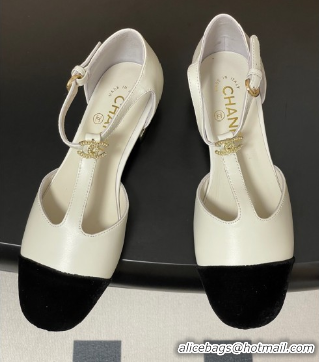 Top Design Chanel Lambskin & Velvet T Mary Janes Flat Shoes with Pearls White 2025 CH090104 0901052