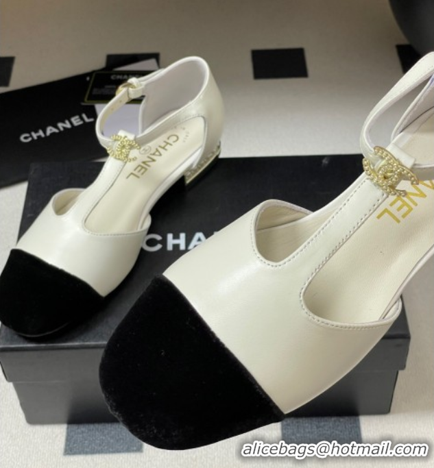 Top Design Chanel Lambskin & Velvet T Mary Janes Flat Shoes with Pearls White 2025 CH090104 0901052