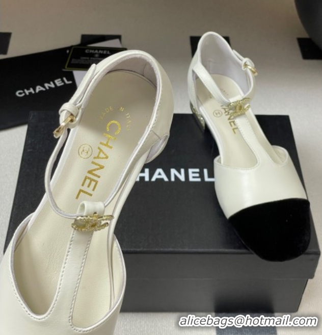 Top Design Chanel Lambskin & Velvet T Mary Janes Flat Shoes with Pearls White 2025 CH090104 0901052