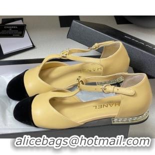 Good Quality Chanel Lambskin & Velvet T Mary Janes Flat Shoes with Pearls Beige 2025 CH090104 0901053