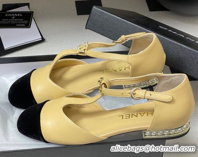 Good Quality Chanel Lambskin & Velvet T Mary Janes Flat Shoes with Pearls Beige 2025 CH090104 0901053