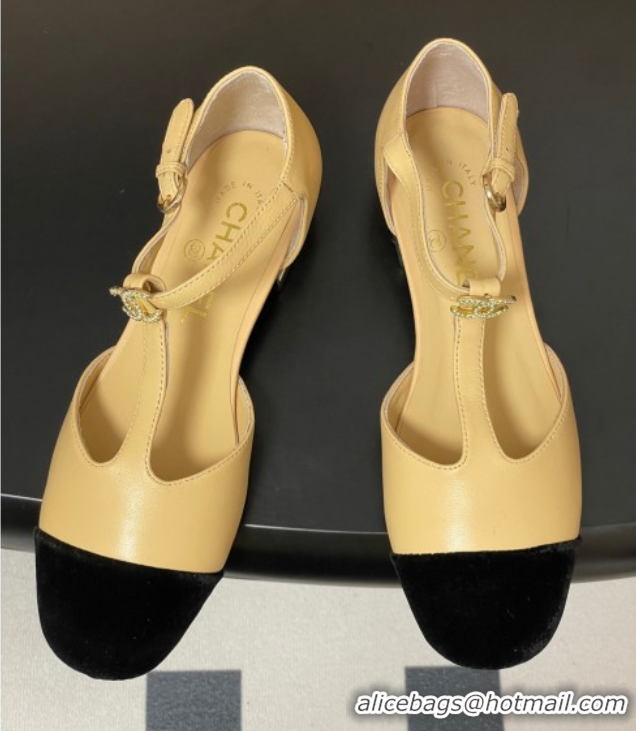 Good Quality Chanel Lambskin & Velvet T Mary Janes Flat Shoes with Pearls Beige 2025 CH090104 0901053
