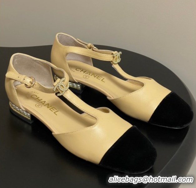 Good Quality Chanel Lambskin & Velvet T Mary Janes Flat Shoes with Pearls Beige 2025 CH090104 0901053