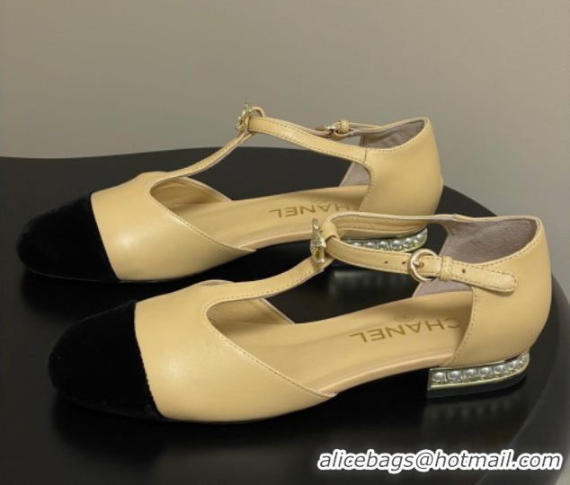 Good Quality Chanel Lambskin & Velvet T Mary Janes Flat Shoes with Pearls Beige 2025 CH090104 0901053