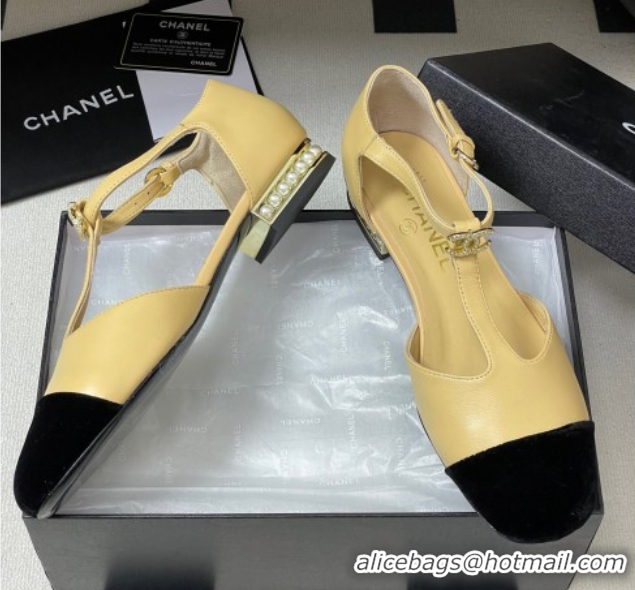 Good Quality Chanel Lambskin & Velvet T Mary Janes Flat Shoes with Pearls Beige 2025 CH090104 0901053
