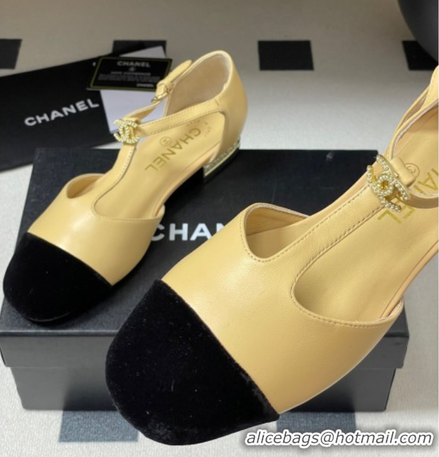 Good Quality Chanel Lambskin & Velvet T Mary Janes Flat Shoes with Pearls Beige 2025 CH090104 0901053