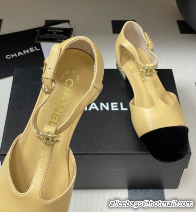 Good Quality Chanel Lambskin & Velvet T Mary Janes Flat Shoes with Pearls Beige 2025 CH090104 0901053