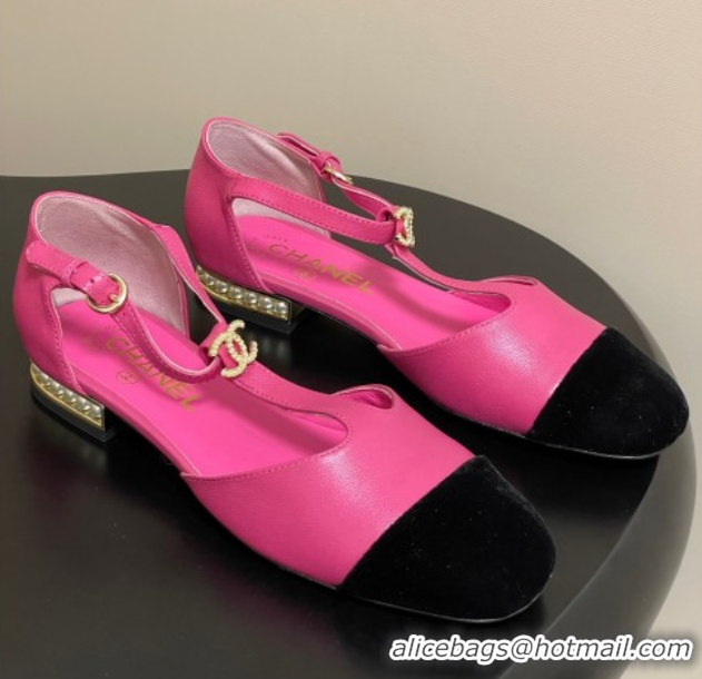 Luxurious Chanel Lambskin & Velvet T Mary Janes Flat Shoes with Pearls Pink 2025 CH090104 0901054
