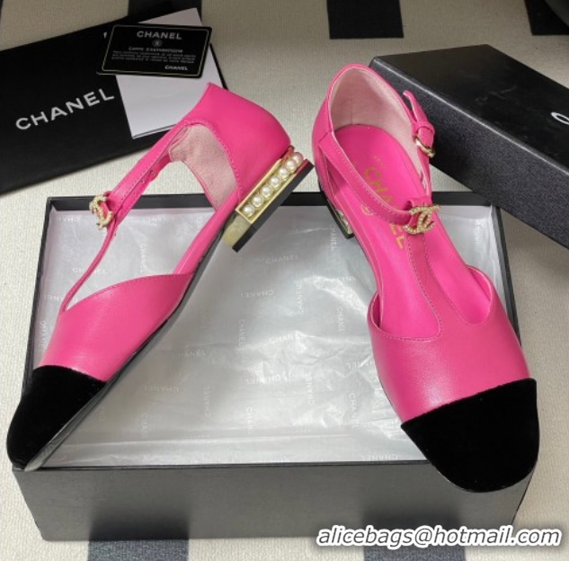 Luxurious Chanel Lambskin & Velvet T Mary Janes Flat Shoes with Pearls Pink 2025 CH090104 0901054