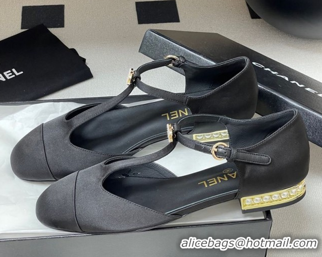 Perfect Chanel Satin T Mary Janes Flat Shoes with Pearls Black 2025 CH090104 50901055
