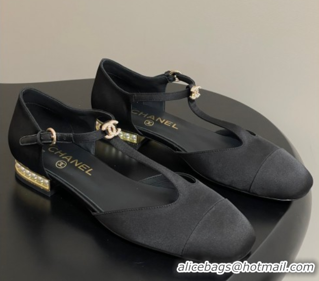Perfect Chanel Satin T Mary Janes Flat Shoes with Pearls Black 2025 CH090104 50901055