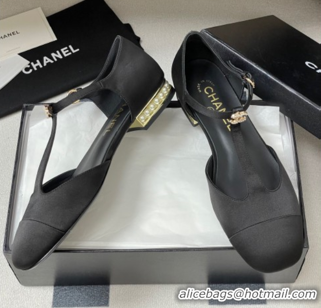 Perfect Chanel Satin T Mary Janes Flat Shoes with Pearls Black 2025 CH090104 50901055
