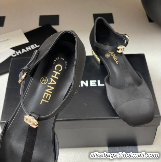Perfect Chanel Satin T Mary Janes Flat Shoes with Pearls Black 2025 CH090104 50901055