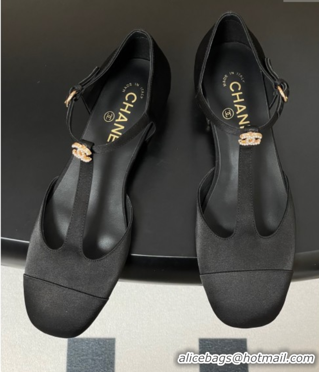 Perfect Chanel Satin T Mary Janes Flat Shoes with Pearls Black 2025 CH090104 50901055