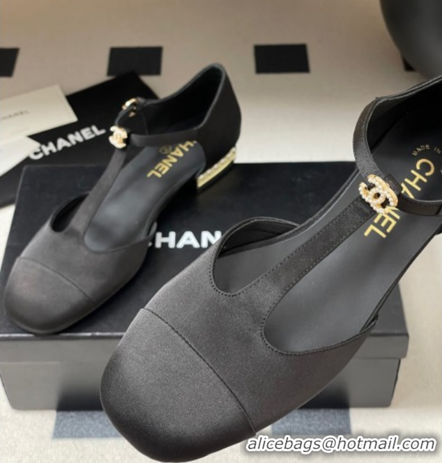 Perfect Chanel Satin T Mary Janes Flat Shoes with Pearls Black 2025 CH090104 50901055