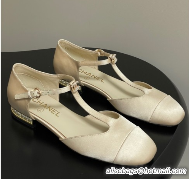Unique Discount Chanel Satin T Mary Janes Flat Shoes with Pearls Beige 2025 CH090104