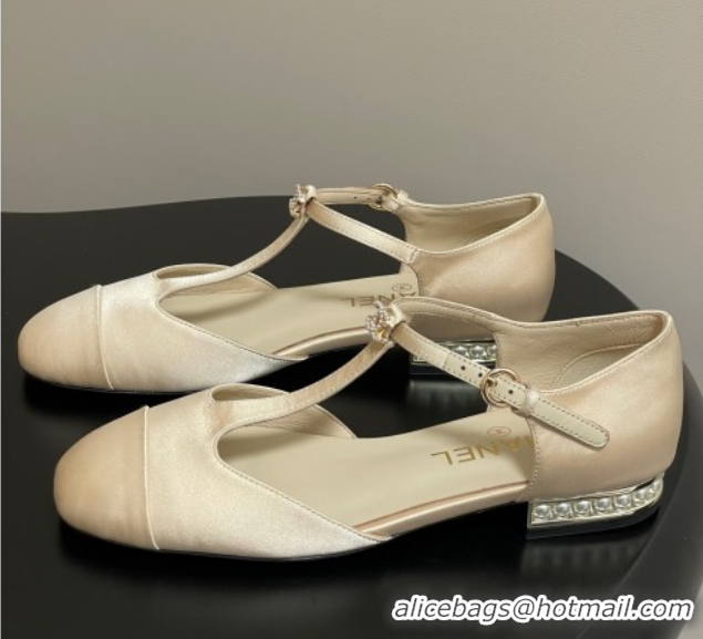 Unique Discount Chanel Satin T Mary Janes Flat Shoes with Pearls Beige 2025 CH090104