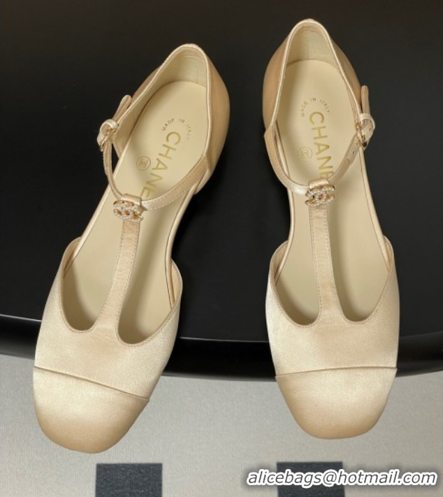 Unique Discount Chanel Satin T Mary Janes Flat Shoes with Pearls Beige 2025 CH090104