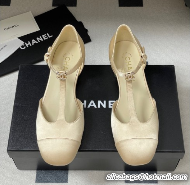 Unique Discount Chanel Satin T Mary Janes Flat Shoes with Pearls Beige 2025 CH090104