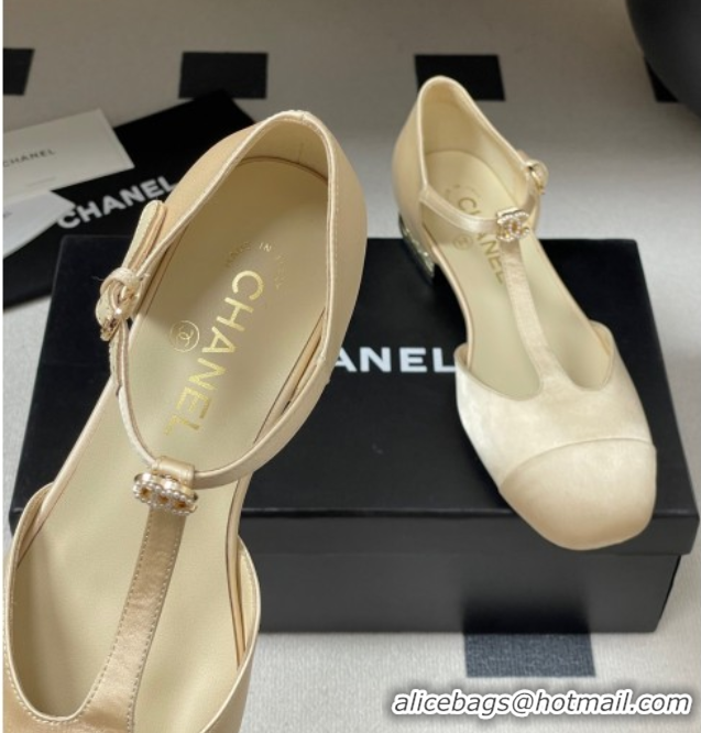 Unique Discount Chanel Satin T Mary Janes Flat Shoes with Pearls Beige 2025 CH090104