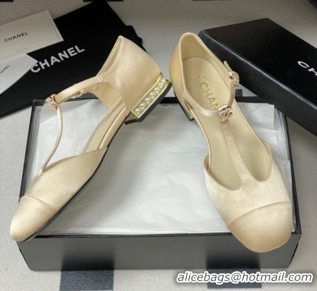 Unique Discount Chanel Satin T Mary Janes Flat Shoes with Pearls Beige 2025 CH090104