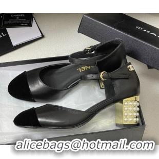 Hot Style Chanel Lambskin & Velvet Mary Janes Pumps 6cm with Pearls Black 0901057