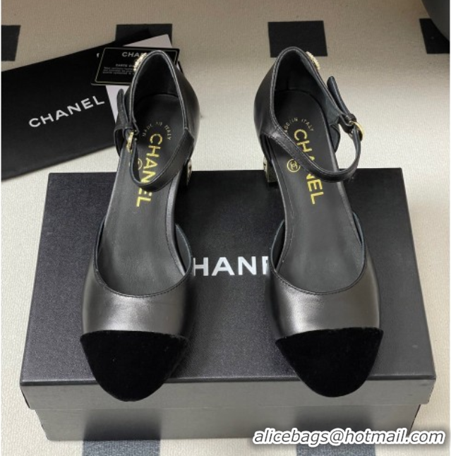 Hot Style Chanel Lambskin & Velvet Mary Janes Pumps 6cm with Pearls Black 0901057