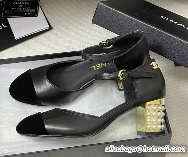 Hot Style Chanel Lambskin & Velvet Mary Janes Pumps 6cm with Pearls Black 0901057