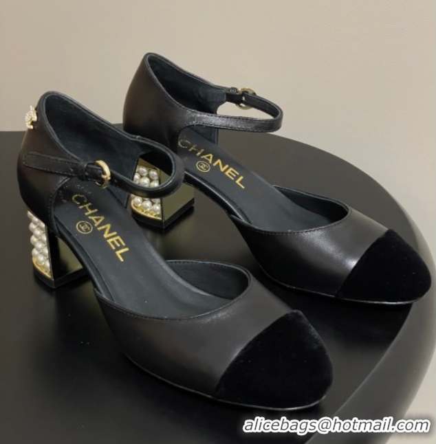 Hot Style Chanel Lambskin & Velvet Mary Janes Pumps 6cm with Pearls Black 0901057