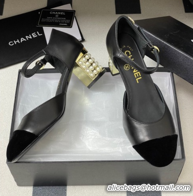 Hot Style Chanel Lambskin & Velvet Mary Janes Pumps 6cm with Pearls Black 0901057